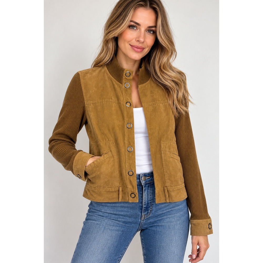 Mac & Jac Women L Brown Faux Suede Rib Knit Moto Jacket Y2K Snap Front